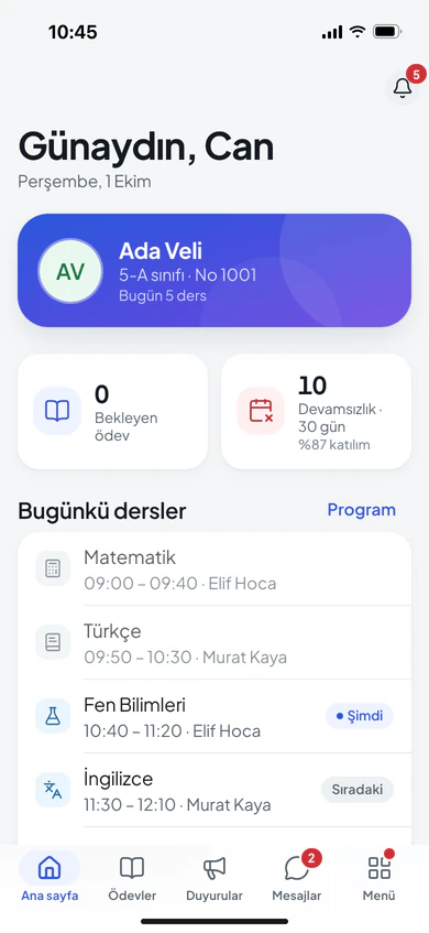 Veli ana sayfası: çocuğun bugünkü dersleri, bekleyen ödev ve 30 günlük devamsızlık özeti