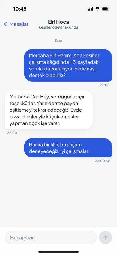 Veli ile öğretmen arasında kesirler ödevi üzerine yazışma