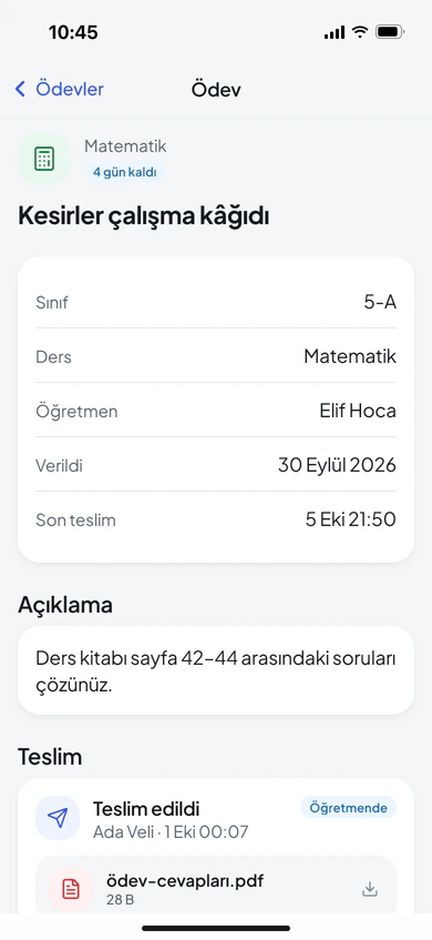 Ödev detayı: sınıf, ders, öğretmen, son teslim tarihi, açıklama ve teslim edilen dosya