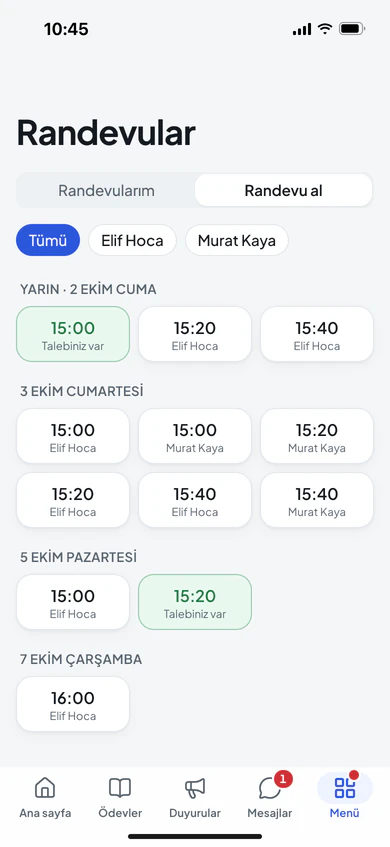 Randevu al sekmesi: öğretmene göre süzülebilen, günlere ayrılmış uygun saatler